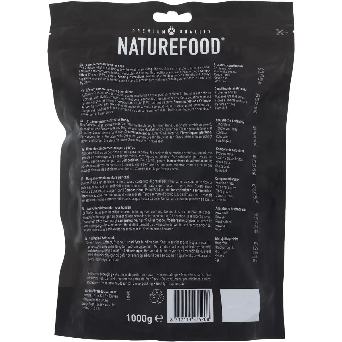 Naturefood Chicken Fillets Dog Treats 97% Chicken 1kg bag ingredients & barcode