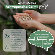 Nutrition Geeks Ashwagandha Calm+ 3000mg, vegan food supplement capsule packaging, no flavour, 60 capsules, daily supplement use