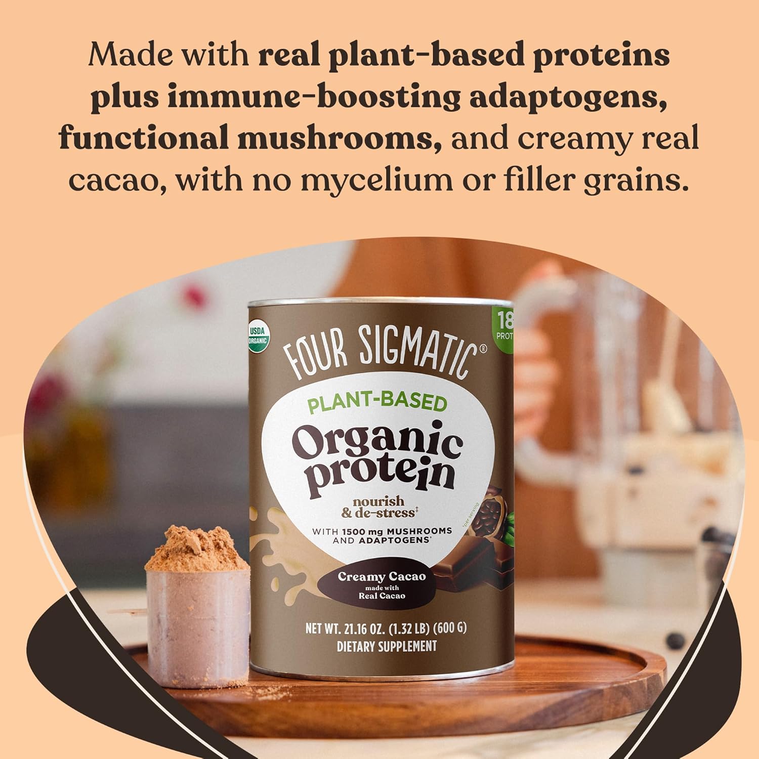 Four Sigmatic Plant-Based Organic Protein Powder, Creamy Cacao - 600g