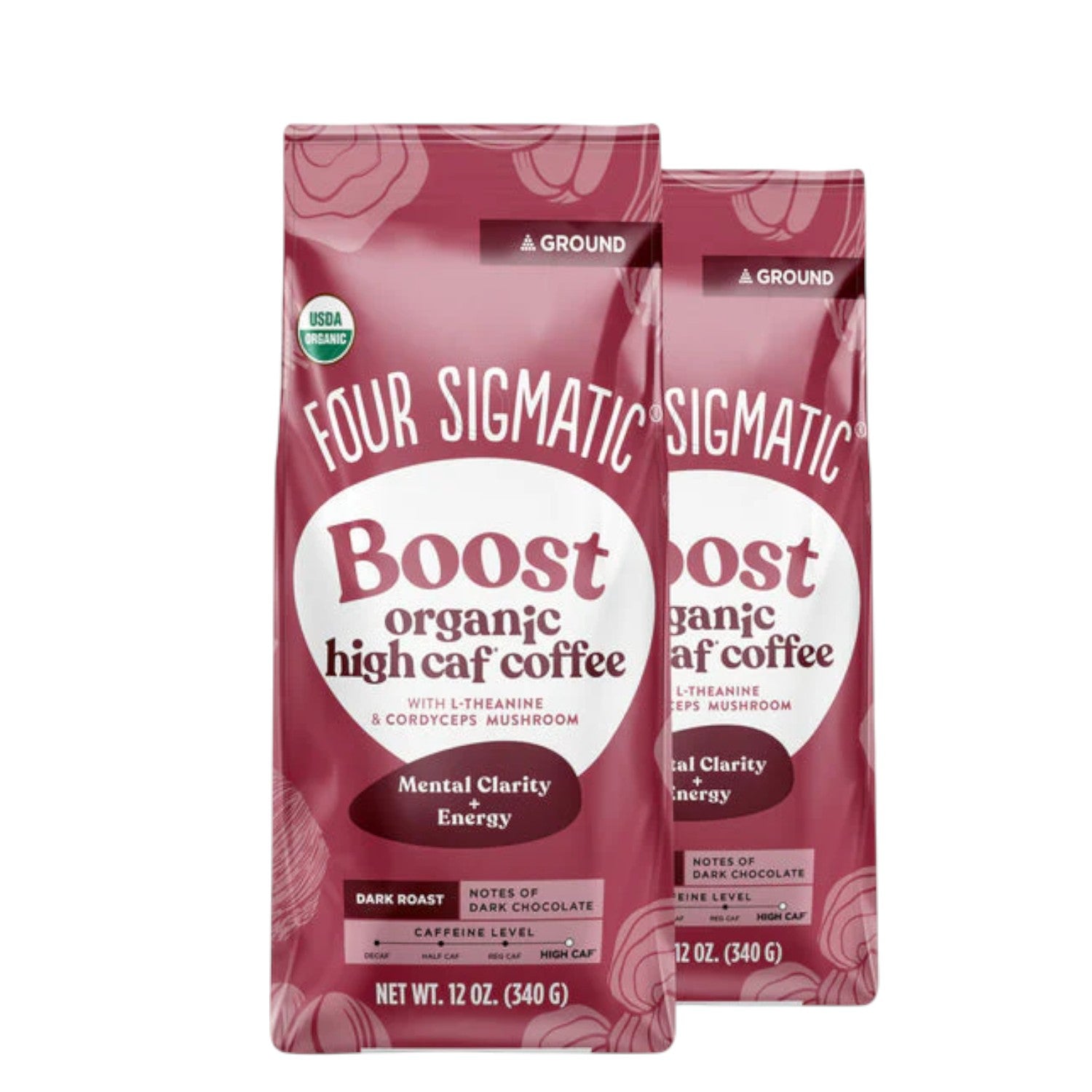 Four Sigmatic Organic High Caf Ground Coffee Dark Roast 340g, 2 pouches front packaging on white background