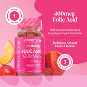 Novomins Folic Acid Gummies 400mcg Peach 90 Count natural peach flavour 2 per day gummies