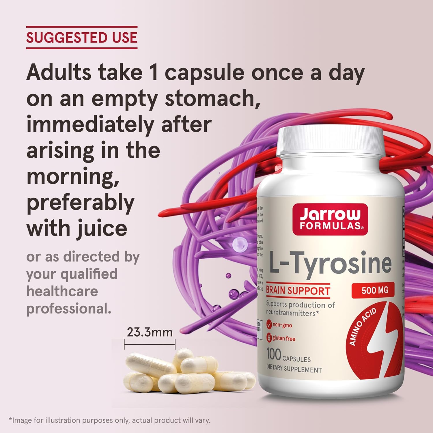 How to Use Image: Jarrow Formulas L-Tyrosine 500mg capsules 100 count usage instructions morning empty stomach
