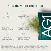 AG1 Greens Powder Supplement refill pouch 360g supplement facts and ingredients panel