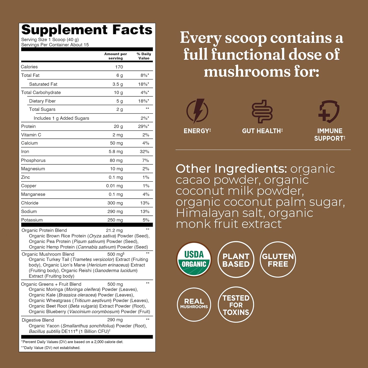 Ingredients and nutritional panel for Four Sigmatic Chocolate Protein Powder.