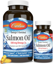 Front image: Carlson Salmon Oil omega 3 softgels 500 mg bottle 230 count
