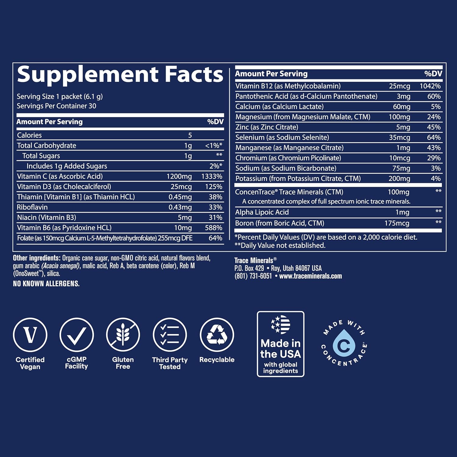 Supplement Facts Image: Trace Minerals Power Pak Orange Blast supplement facts ingredients packets 30 count