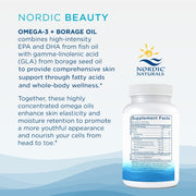 Nordic Beauty Omega-3 + Borage Oil supplement bottle by Nordic Naturals on a light blue and white background with product description text.
