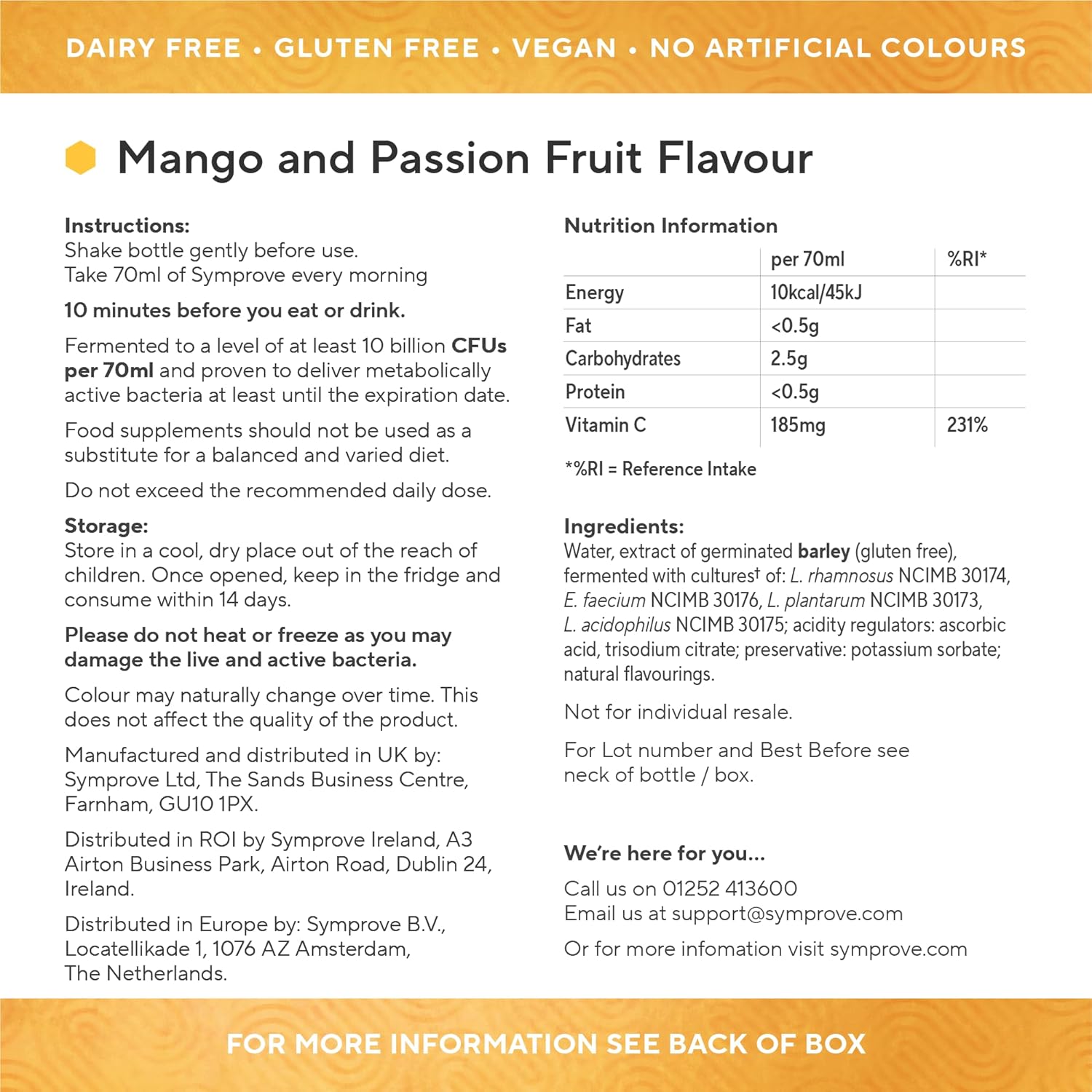 Symprove Liquid Probiotic Mango Passionfruit Flavour 4 x 500ml nutritional info ingredients instructions panel