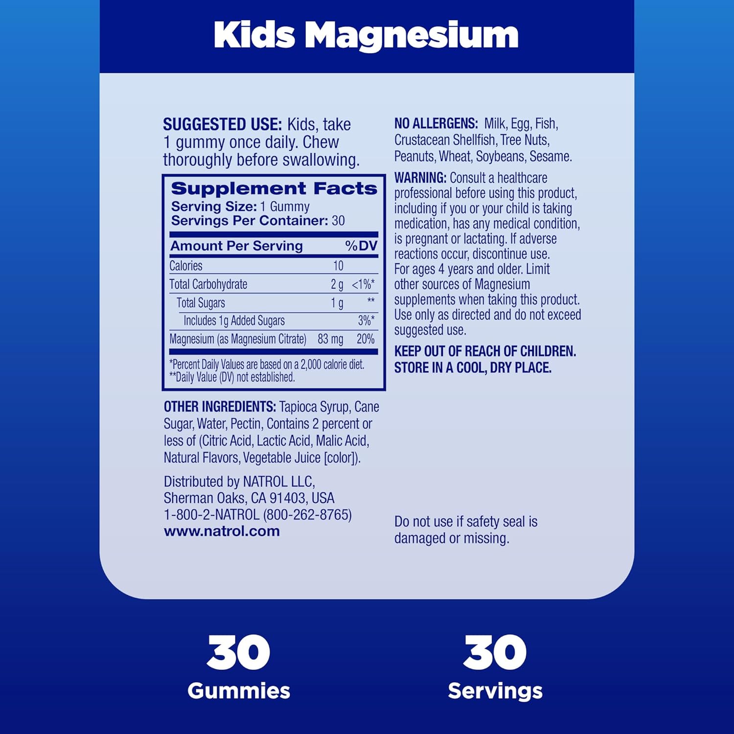 Natrol Kids Magnesium Citrate gummies supplement facts label bottle 30 gummies