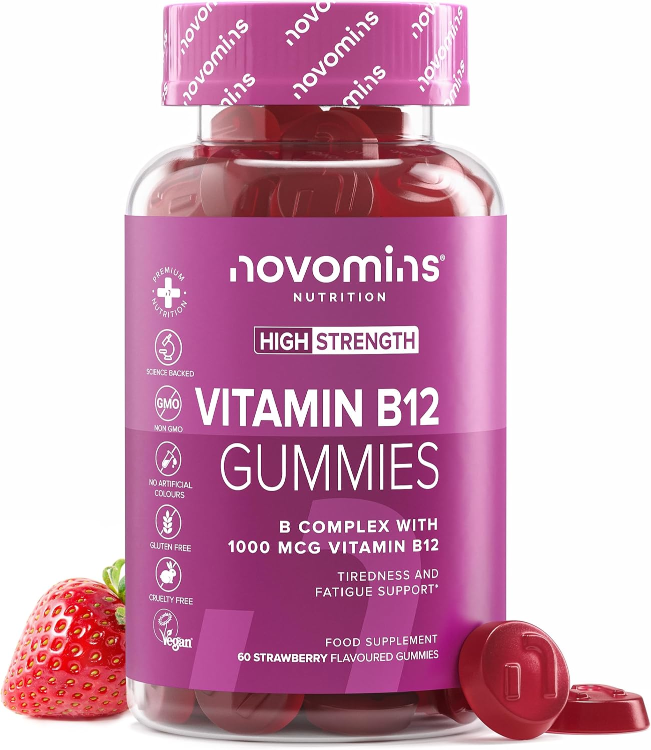 Novomins Vitamin B12 Gummies 1000mcg Strawberry 60 Count bottle supplement front view