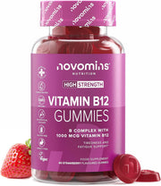 Novomins Vitamin B12 Gummies 1000mcg Strawberry 60 Count bottle supplement front view