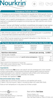 Supplement facts panel and directions for Nourkrin Woman tablets.