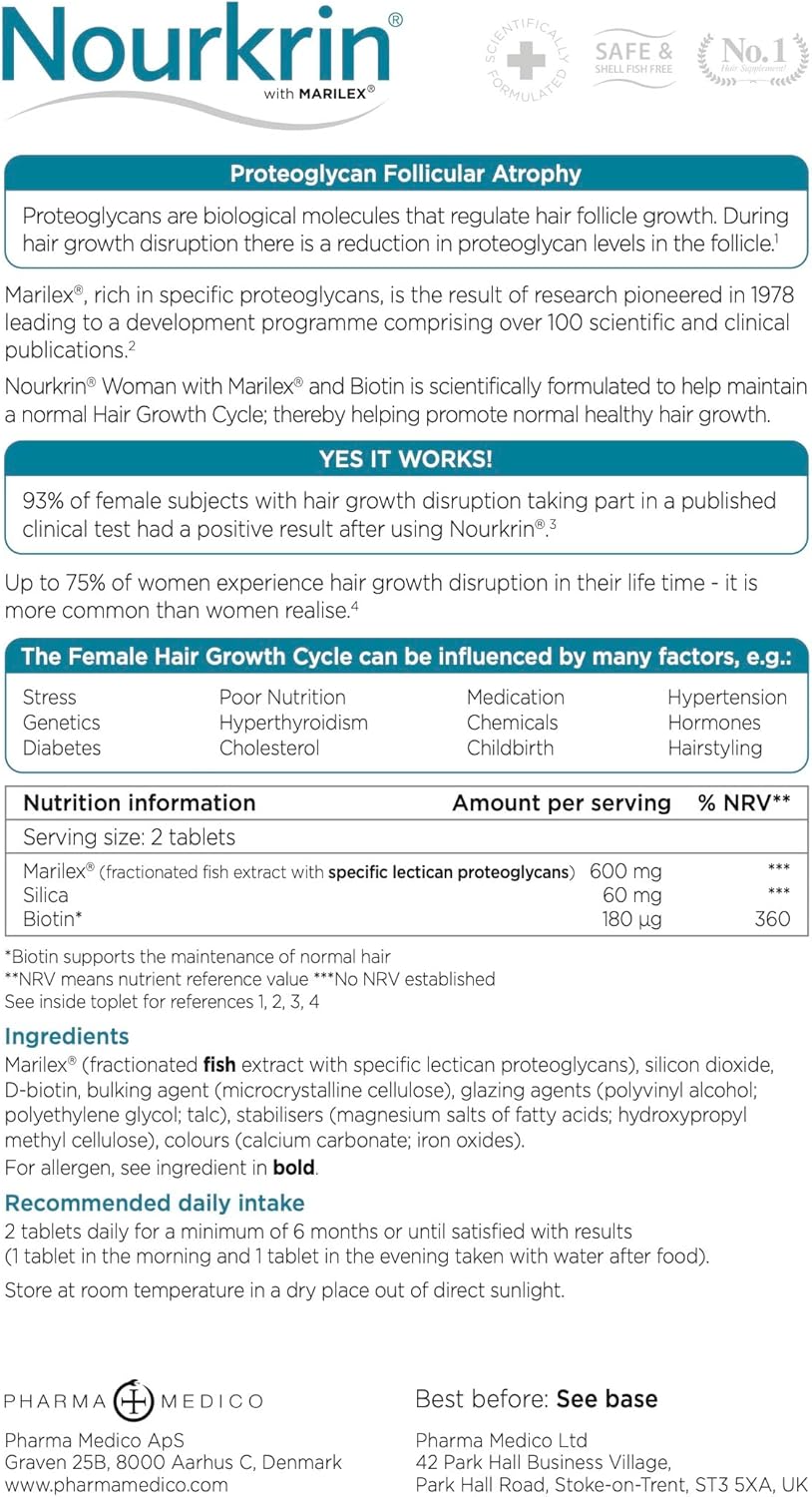Supplement Facts & Ingredients Image: Nourkrin Woman tablets ingredients label 180 tablets packaging