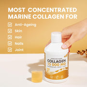 Collagen supplement bottle with a hand holding it, on a light background