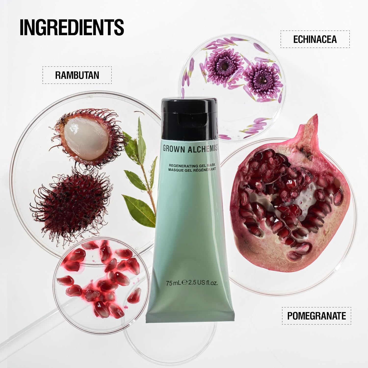 Grown Alchemist Regenerating Gel Mask, bottle packaging, fragrance not specified, 75ml, ingredients information