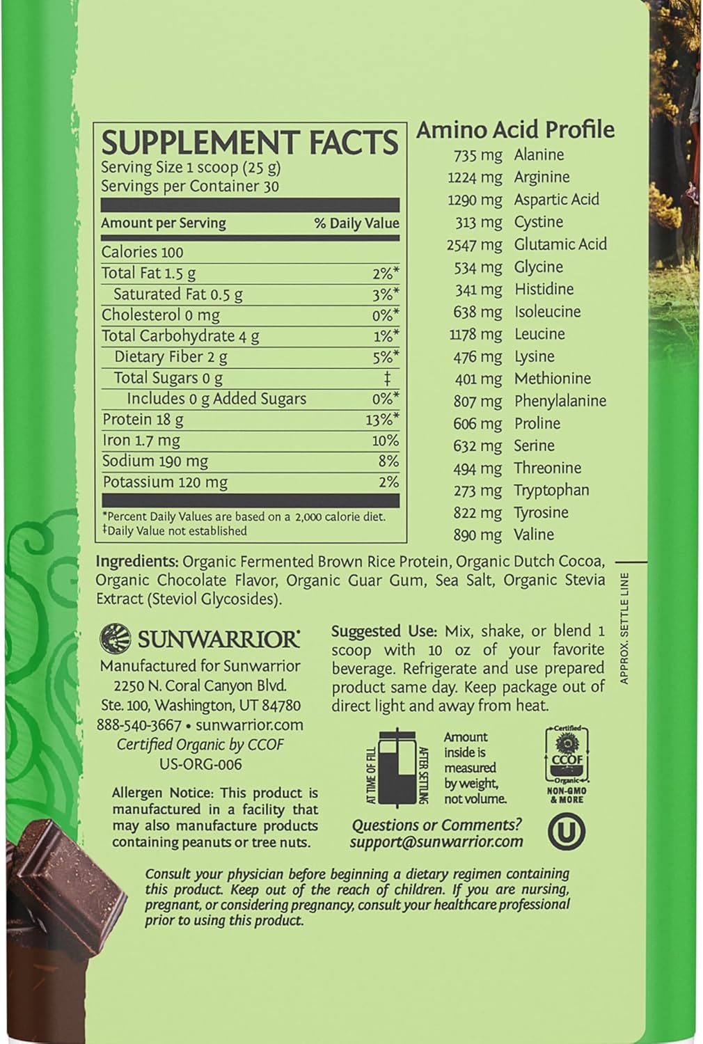 Back of Sunwarrior chocolate rice protein powder showing ingredients.