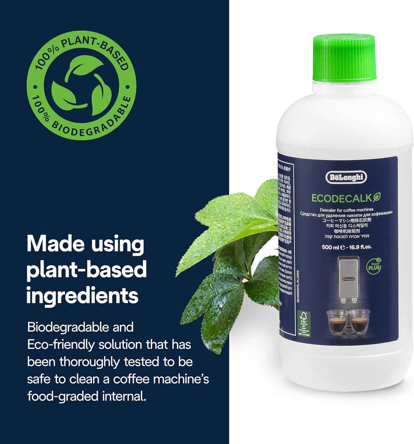 De'Longhi EcoDecalk Coffee Machine Descaler, bottle and carton packaging, unscented formula, 500ml, ingredients information