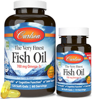 Front image: Carlson Very Finest Fish Oil 700 mg omega 3 softgels bottle 150 count orange