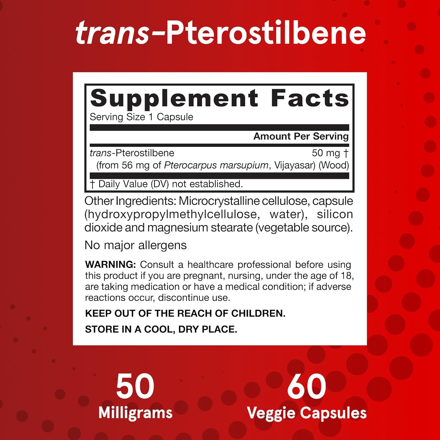 Supplement Facts Image: Jarrow Formulas trans pterostilbene 50mg supplement facts and ingredients 60 count