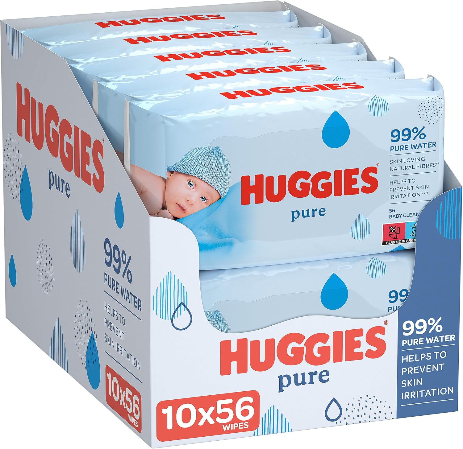 Huggies Pure baby wipes multi pack fragrance free natural fibre wipes 10x56 wipes quantity