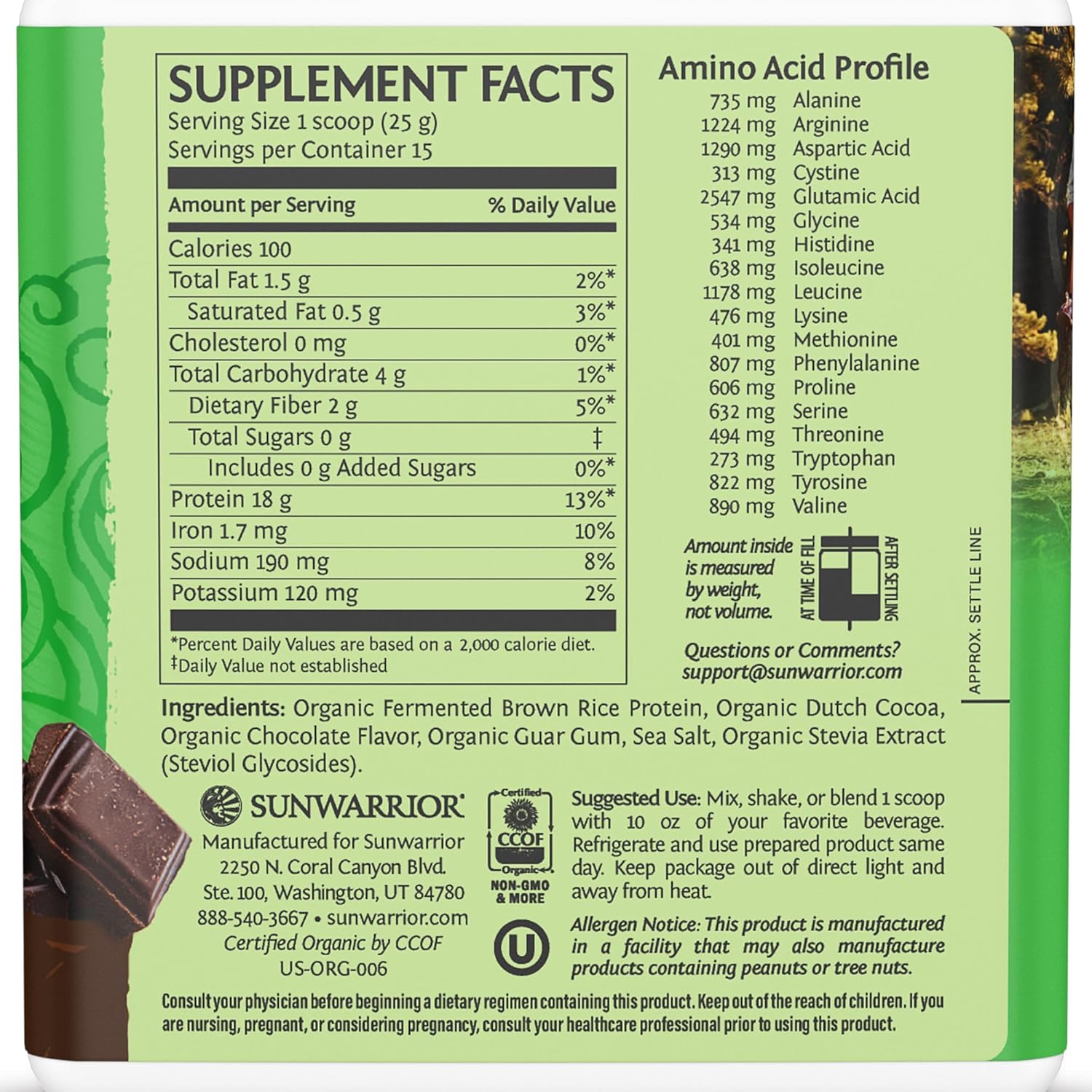 Back of Sunwarrior chocolate rice protein powder showing ingredients.