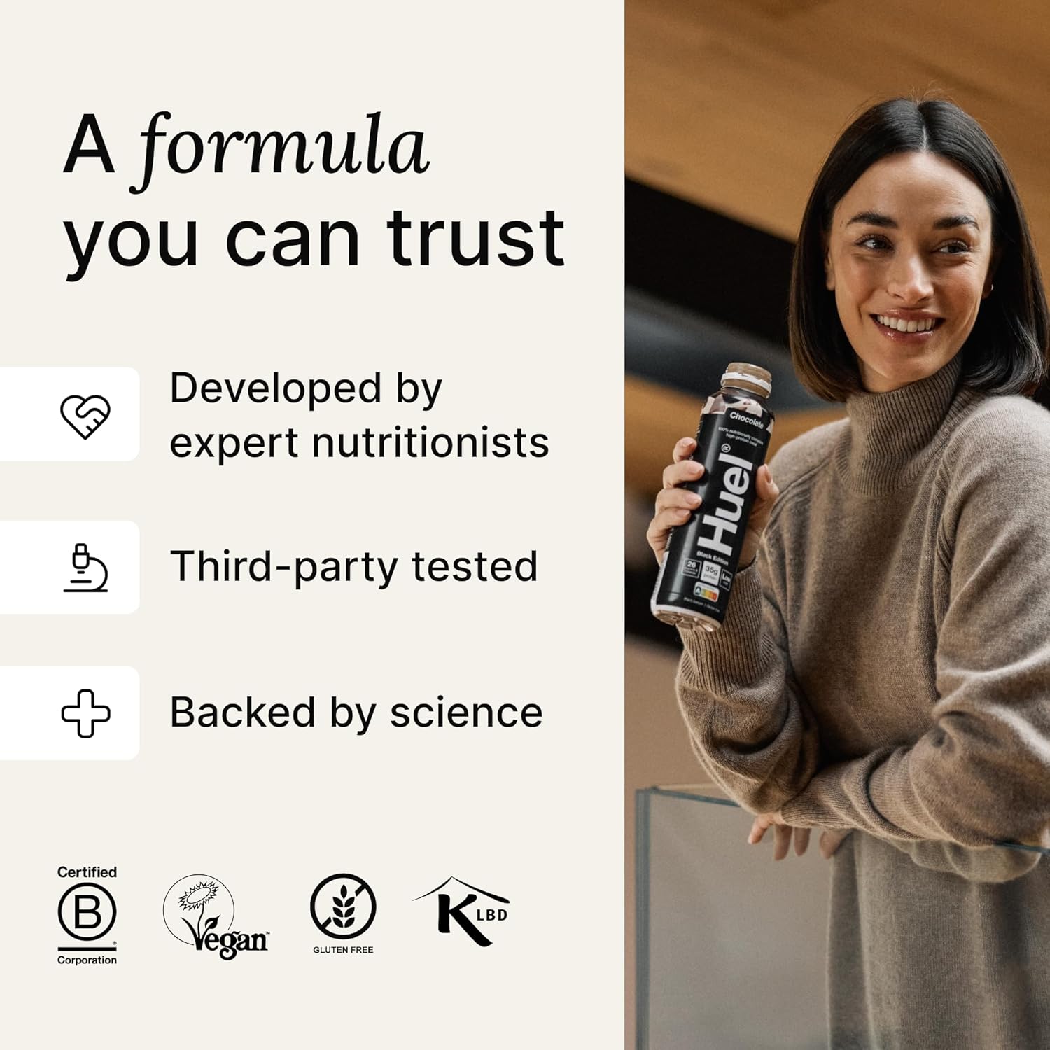 Huel Black Edition Ready-to-Drink Chocolate plant based meal drink bottle lifestyle use image 500ml 8 pack