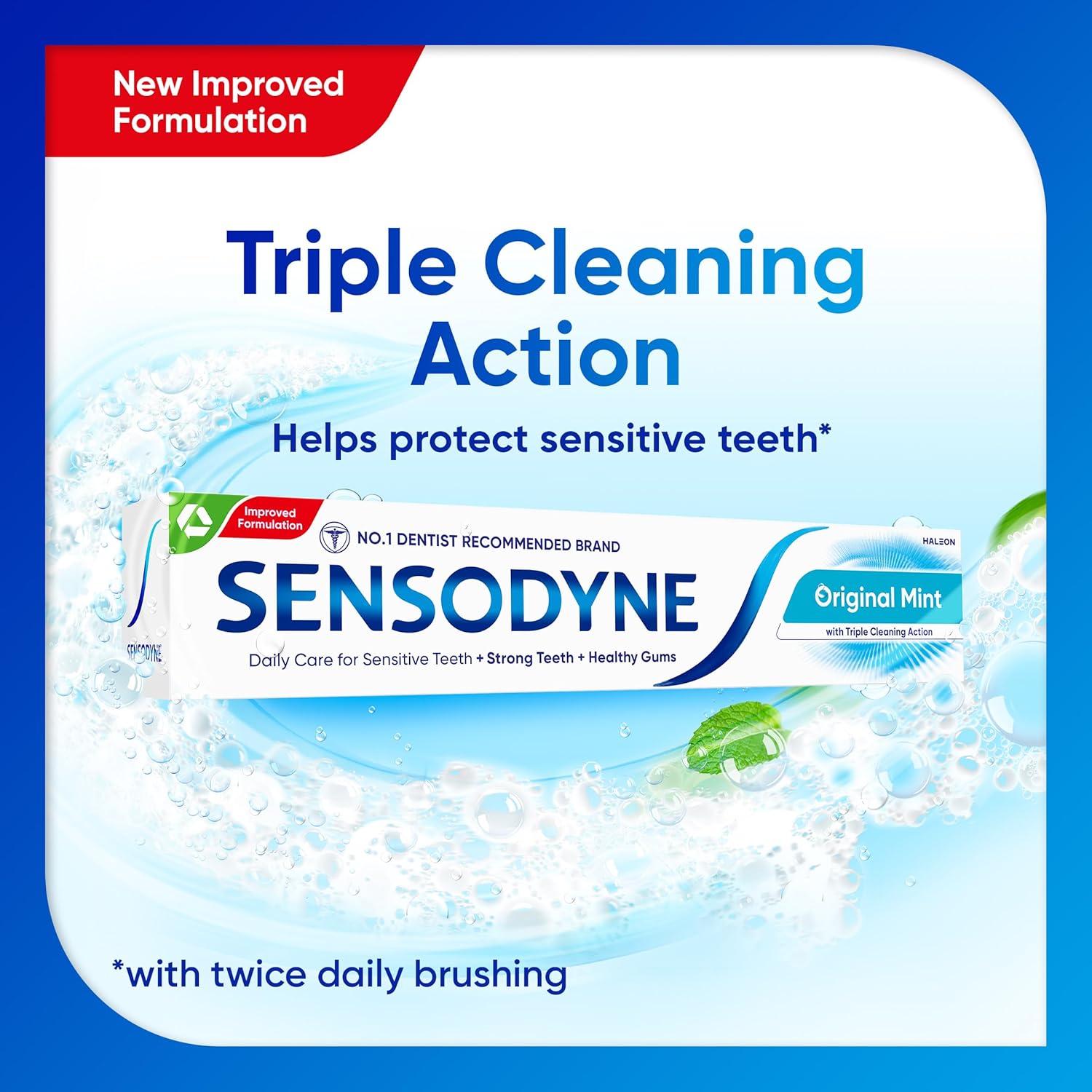 White and blue box of Sensodyne Daily Care Original Mint Toothpaste for sensitive teeth, 75ml.