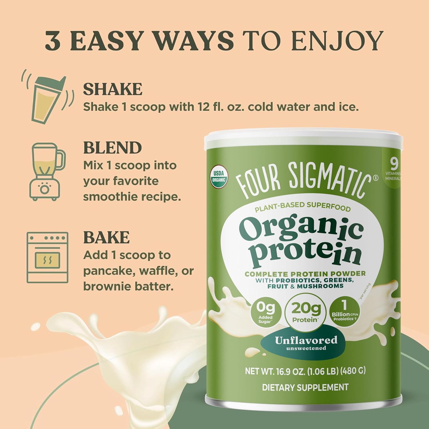 How to use
Four Sigmatic protein powder preparation and mixing instructions on white background