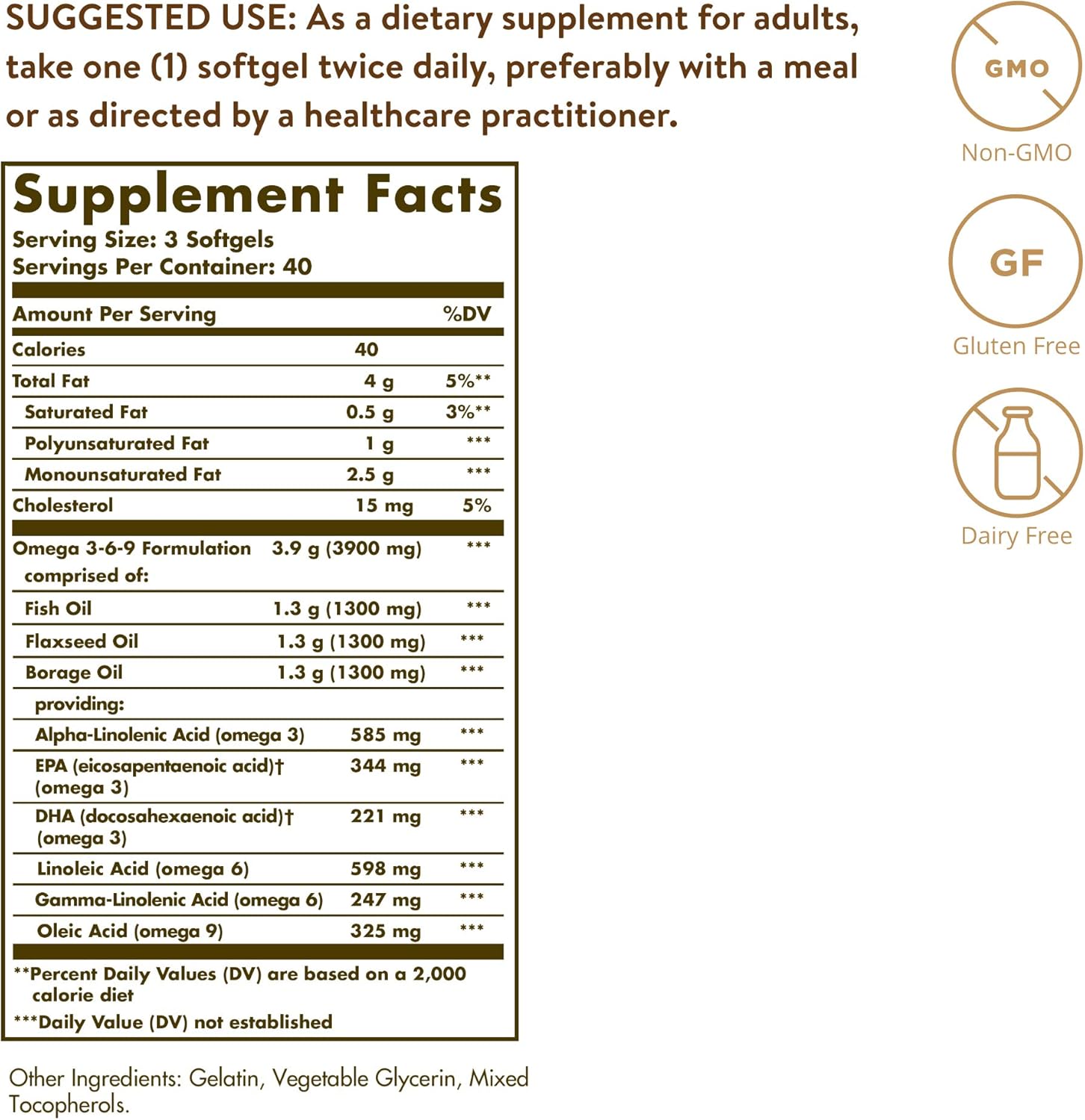 Solgar Omega 3-6-9 1300mg supplement facts and ingredients label bottle 120 softgels