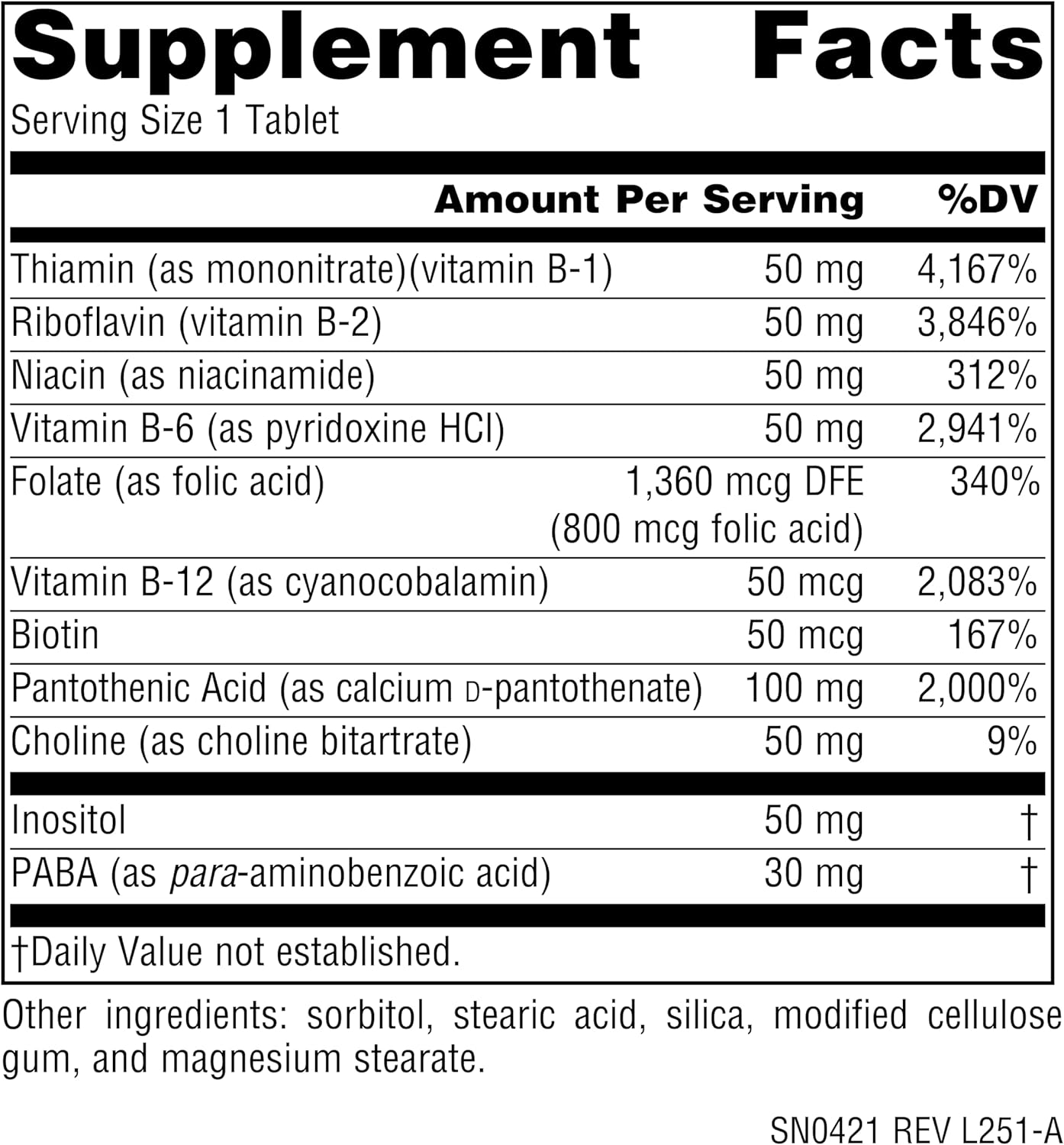 Supplement facts & ingredients image: Source Naturals B-50 Complex 50mg tablets ingredient panel 100 count