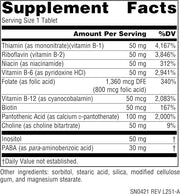 Supplement facts & ingredients image: Source Naturals B-50 Complex 50mg tablets ingredient panel 100 count