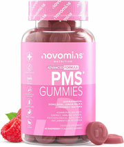 Novomins PMS Gummies Raspberry 60 Count bottle PMS support supplement front view