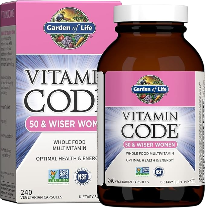 Garden of Life Vitamin Code Raw Multivitamin for Women 50 Plus bottle & box on white background. 240 Count