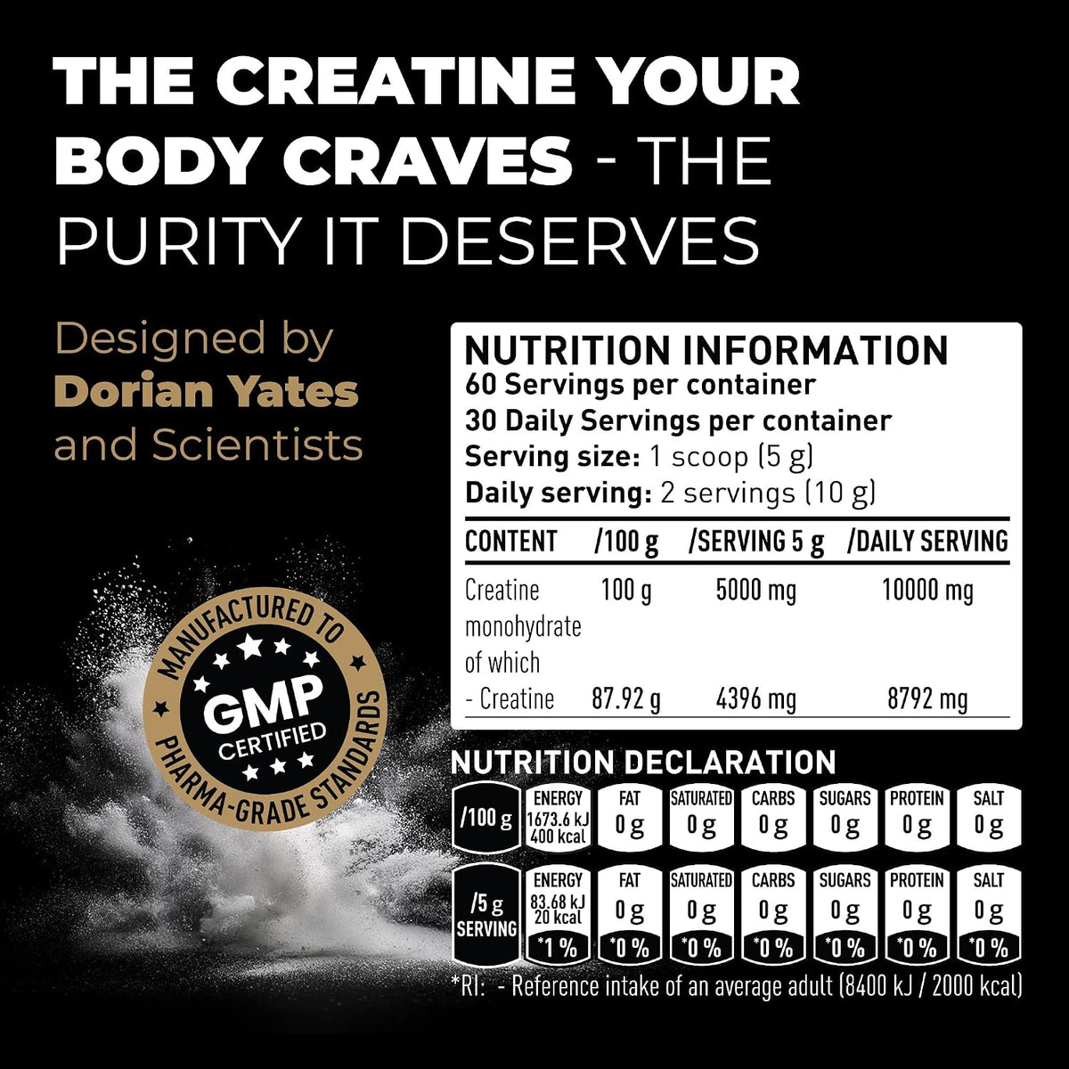 DY Nutrition Creatine Monohydrate Powder Unflavoured 300g packaging showing ingredients and supplement information