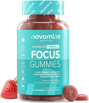 Novomins Focus Gummies Strawberry 60 Count bottle focus support supplement front view