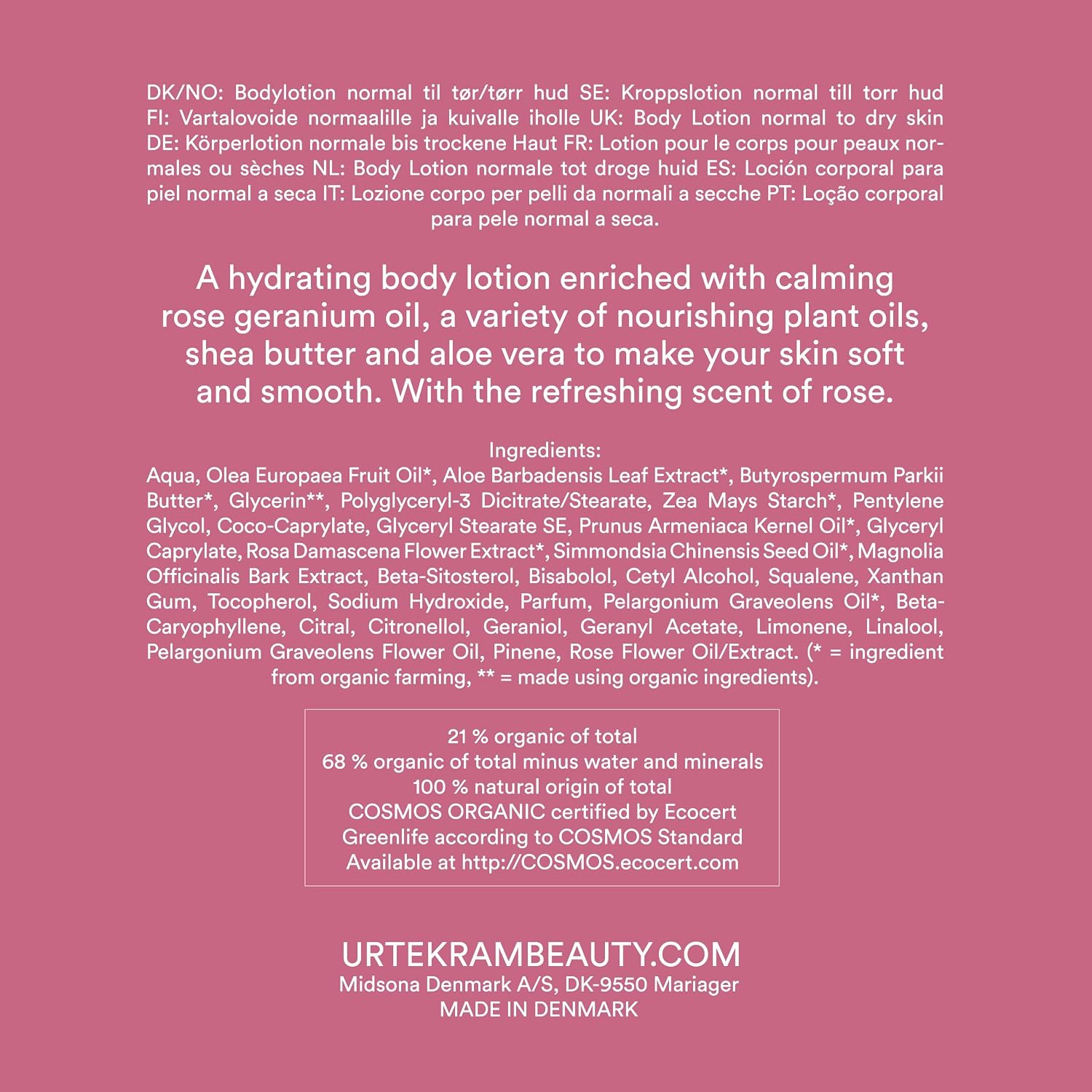 Urtekram Moisturizing Rose Body Lotion 245ml bottle ingredients