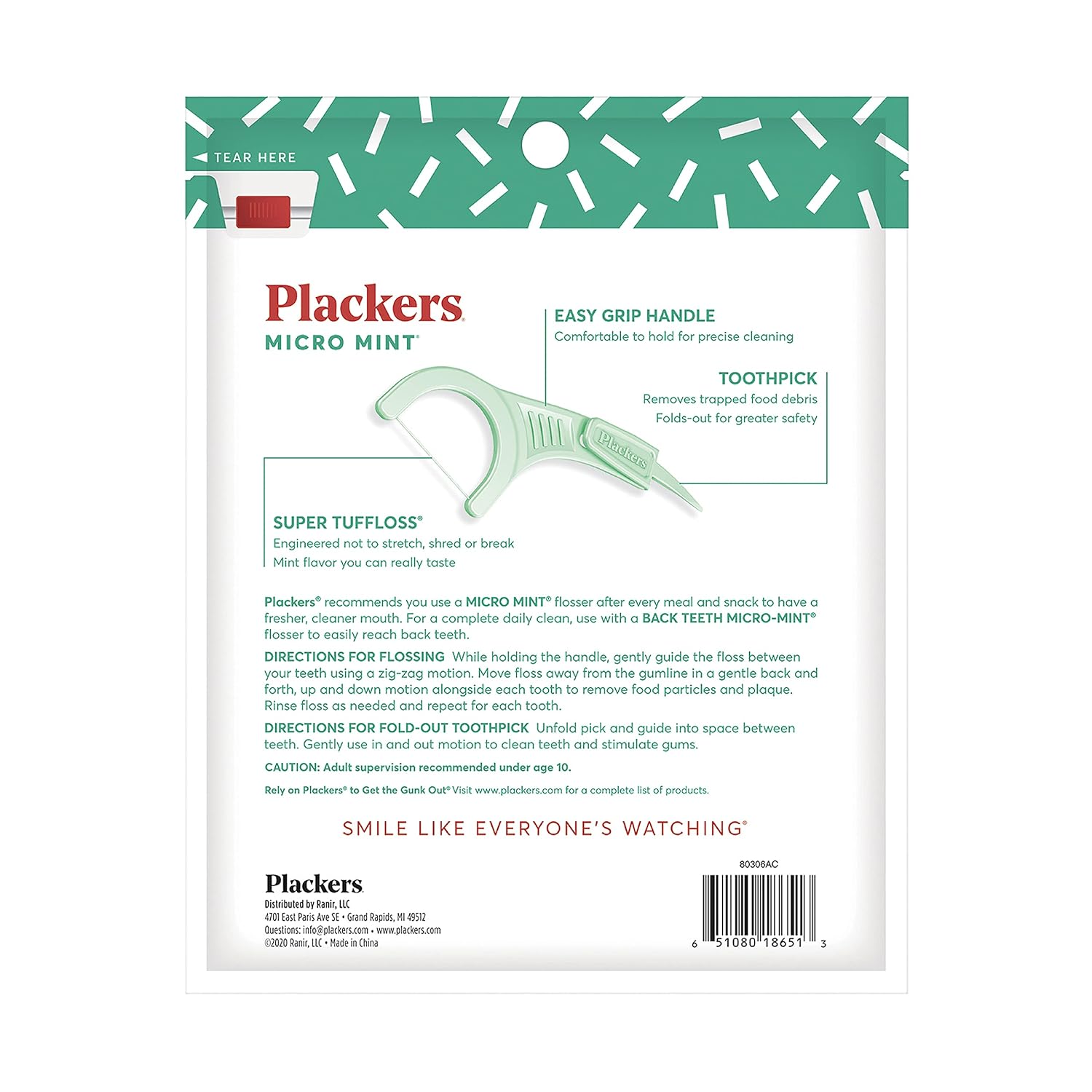 Plackers Micro Mint Dental Flossers, resealable bag packaging, Mint flavour, 150 flossers, barcode