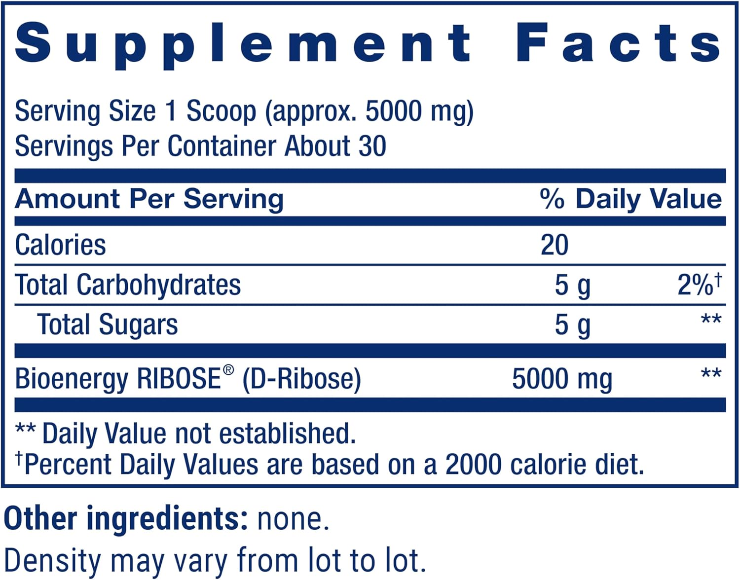 Life Extension D-Ribose Powder 150g supplement facts label