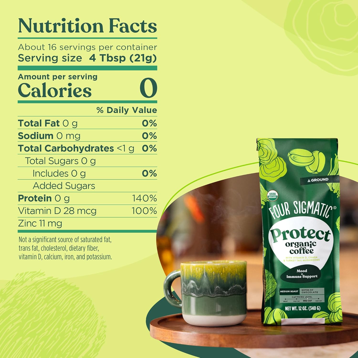 Four Sigmatic ground coffee ingredients and product information panel on packaging