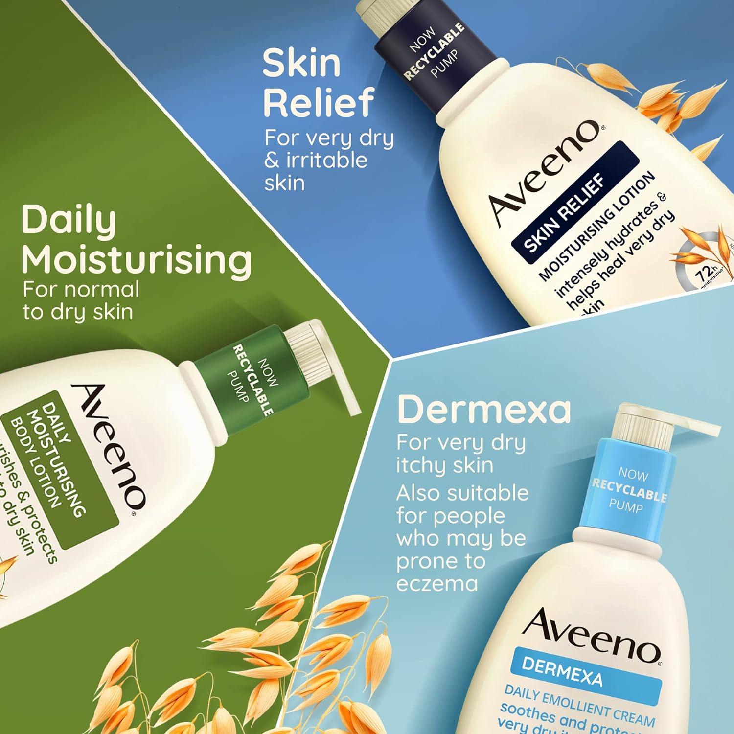 Aveeno Skin Relief Body Oil Spray bottle, 200ml, with oat and jojoba oil & other variants.
