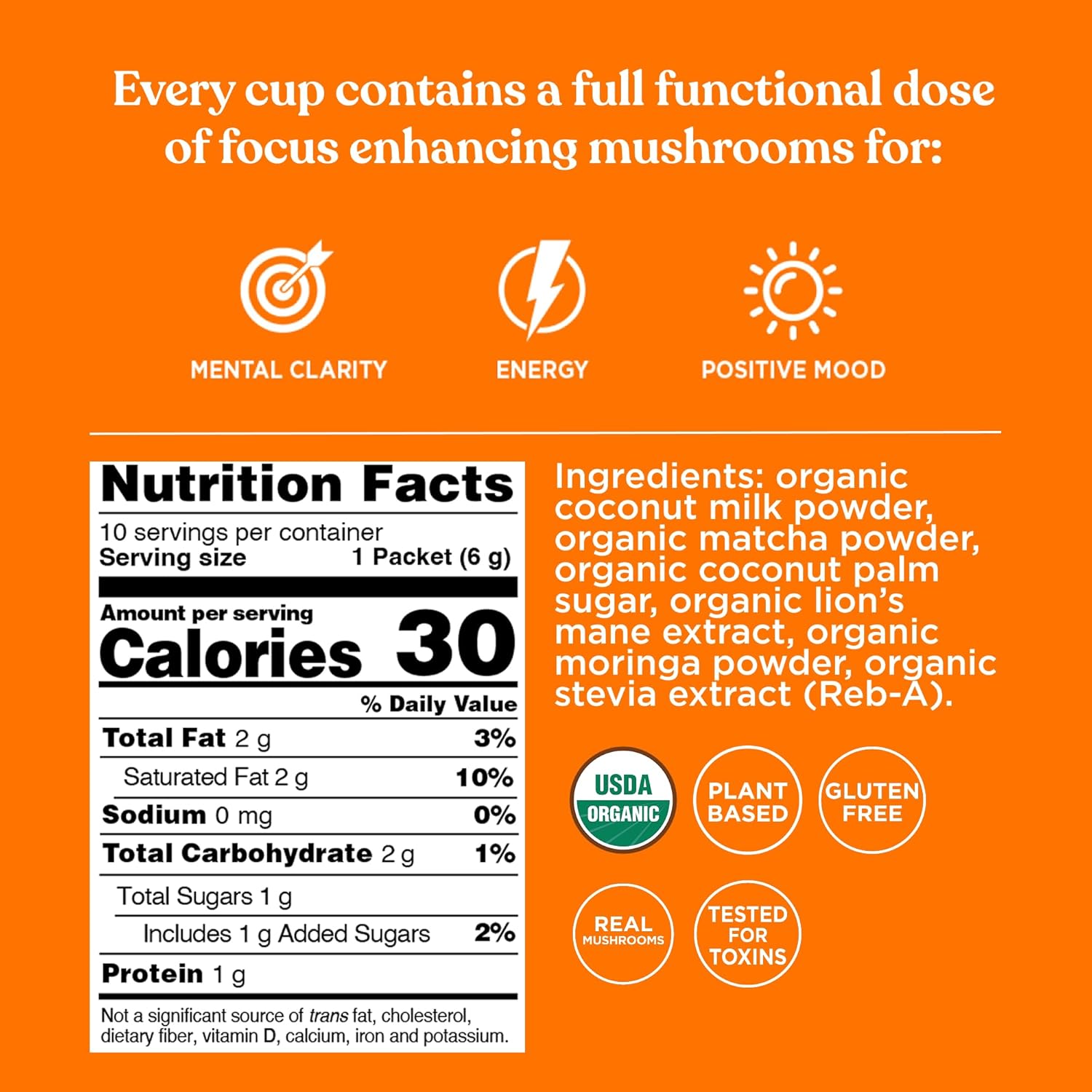 Nutrition facts, ingredients and preparation for Four Sigmatic Matcha Latte Mix.