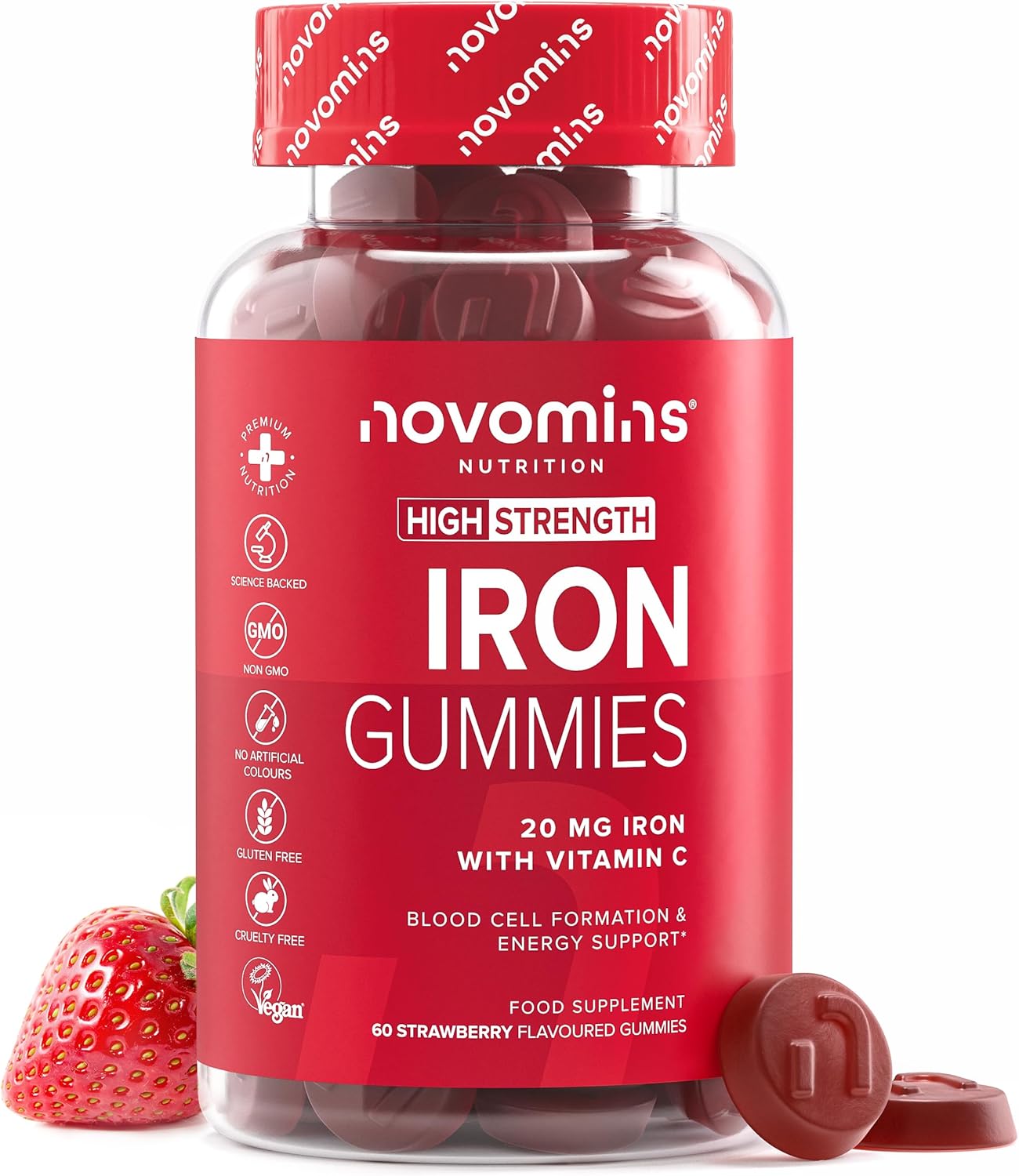 Novomins Iron Gummies 20mg with Vitamin C Strawberry 60 Count bottle supplement front view