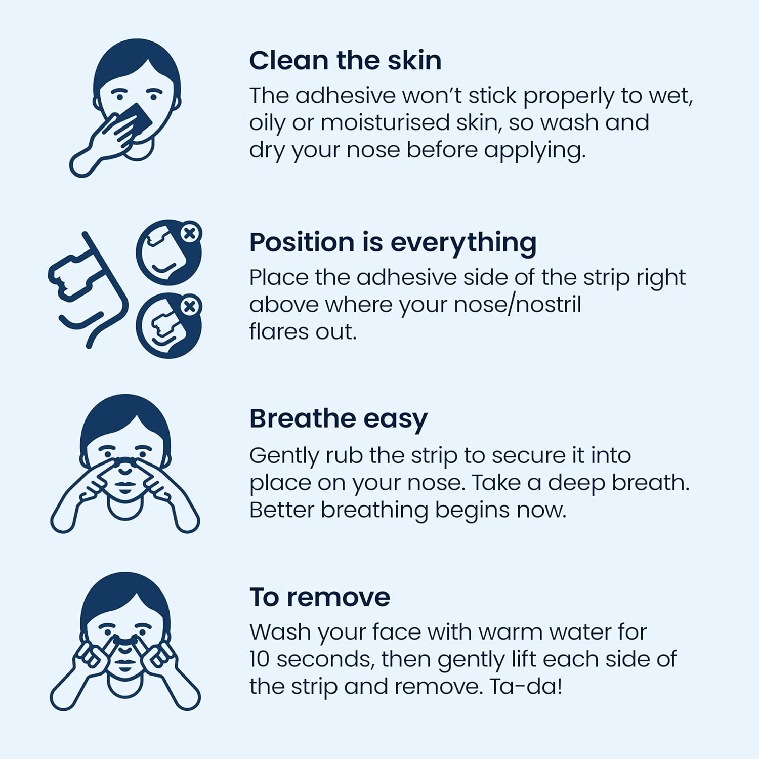  Instructions and safety information for Breathe Right Clear Nasal Strips.
