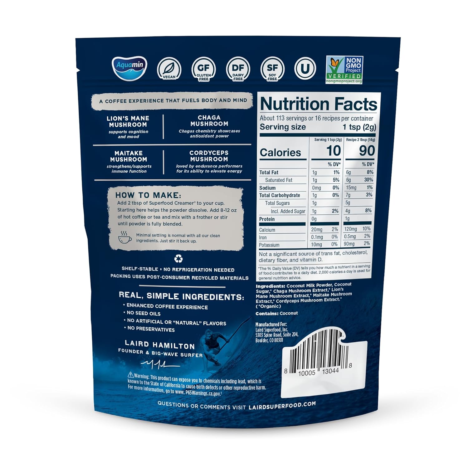 Laird Superfood non-dairy creamer with mushrooms ingredients, barcode & nutrition facts label 227g on white background