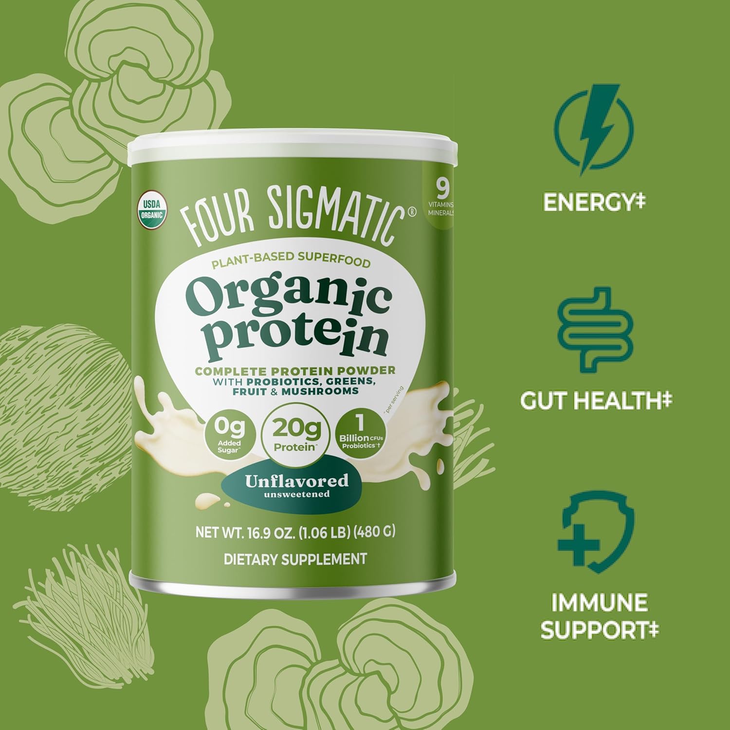 Four Sigmatic Plant-Based Organic Protein Powder, Unflavored - 480g
