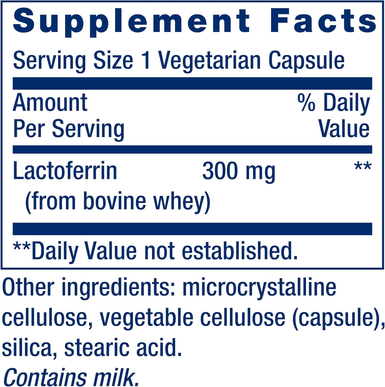 Supplement facts for Life Extension Lactoferrin showing 300mg dosage.
