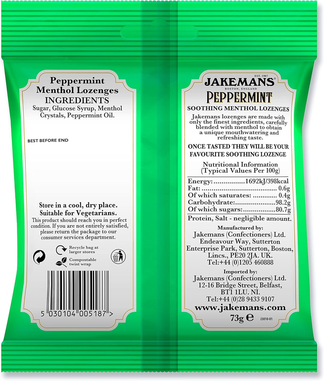 Jakemans Peppermint Menthol Lozenges bag packaging peppermint flavour 12 x 73g ingredients, barcode and product information panel