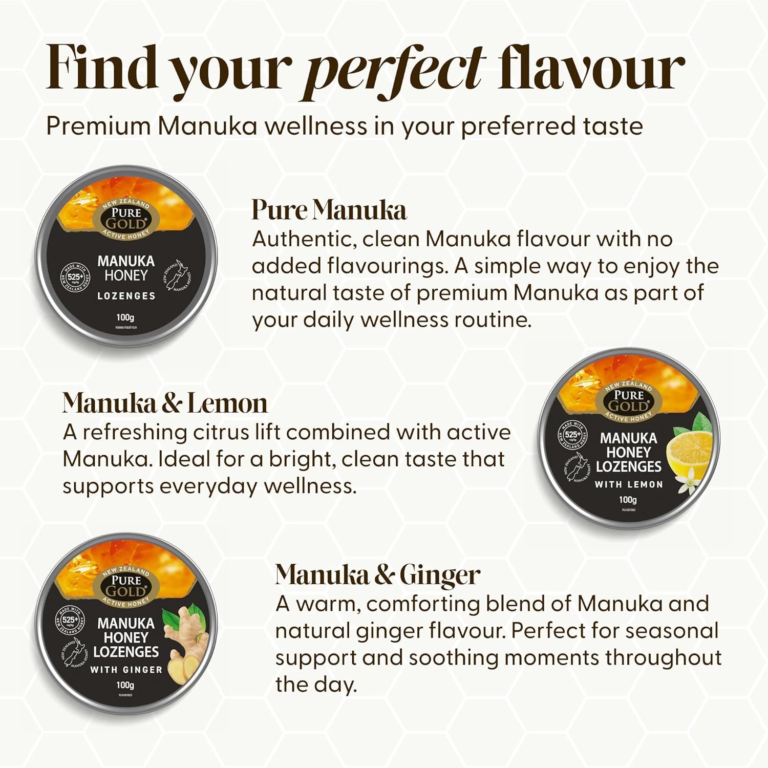 Pure Gold Manuka Honey Lozenges 525+ MGO - 100g & other variants