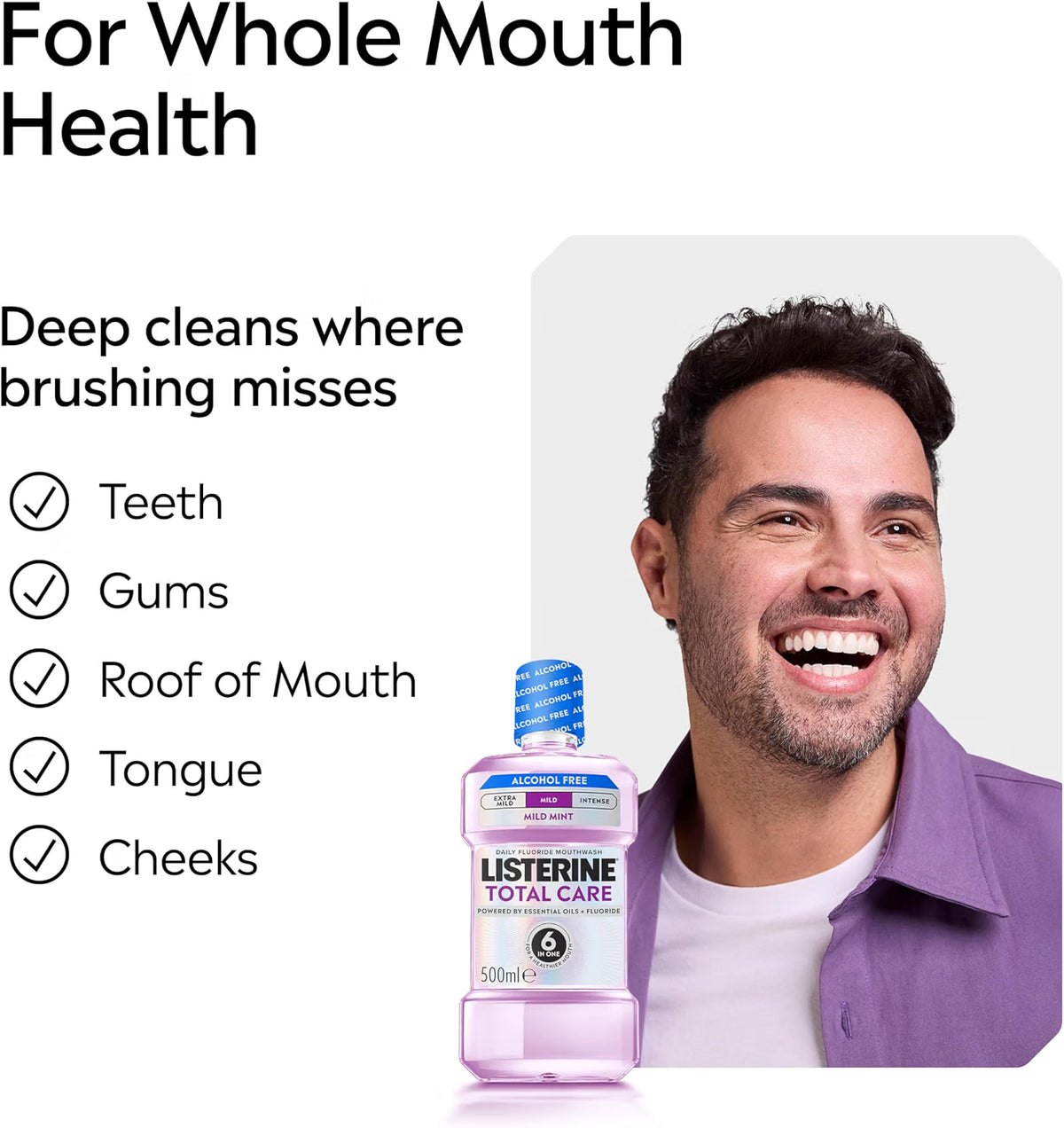 Listerine Total Care Alcohol Free Mild Mint Mouthwash oral rinse bottle 500ml how to use