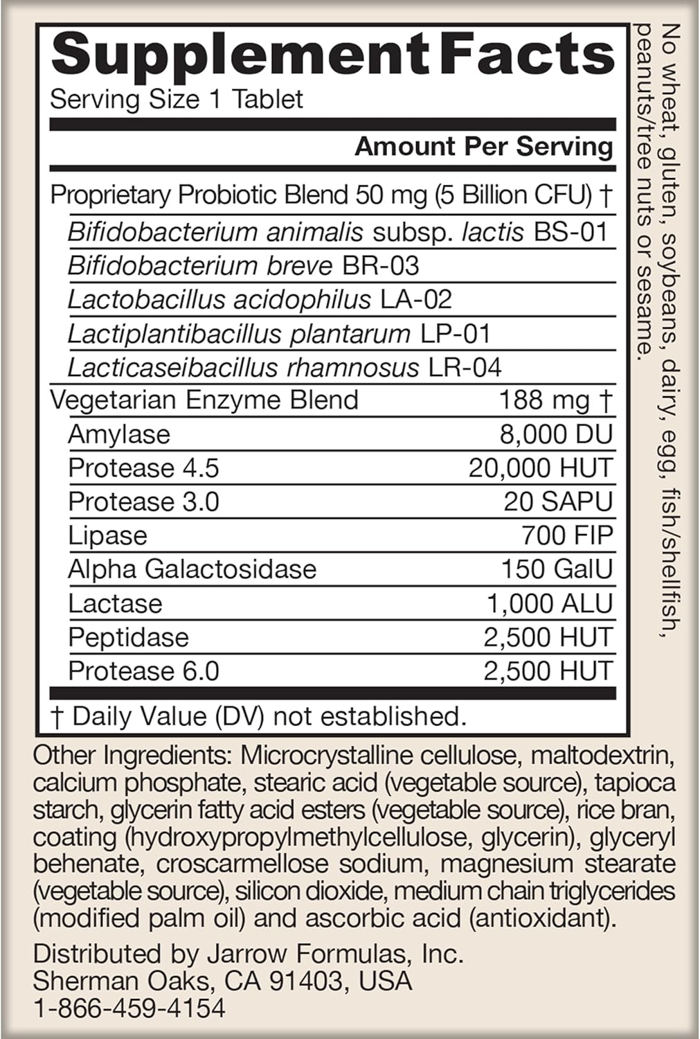 Supplement Facts Image: Jarrow Formulas Jarro-Dophilus Digest Sure probiotic enzyme supplement facts 30 count